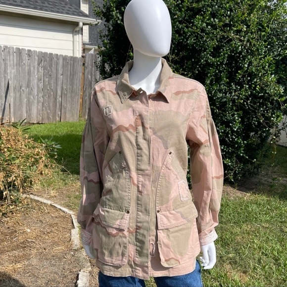 NWT Anthro Distressed Camouflage Boho Utility Military Denim Jacket - Picture 2 of 15
